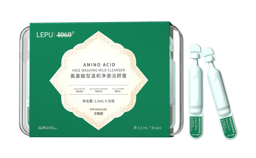 Pre-Portioned Amino Acid Face Wash – Individually Sealed Gentle Cleanser for All Skin Types, Removes Makeup & Sunscreen, 30 Units, LEPU 4060